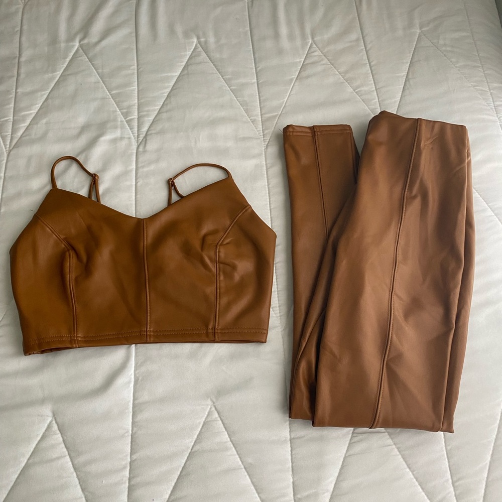 Brown Faux Leather Two Piece Set